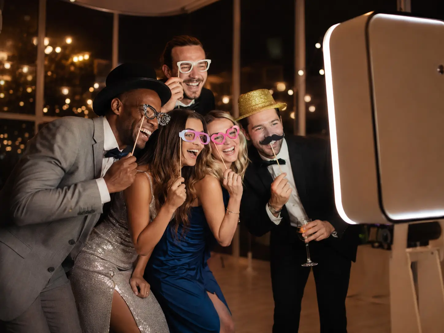 Invités utilisant une borne à selfie photobooth pendant une soirée de mariage à Blois