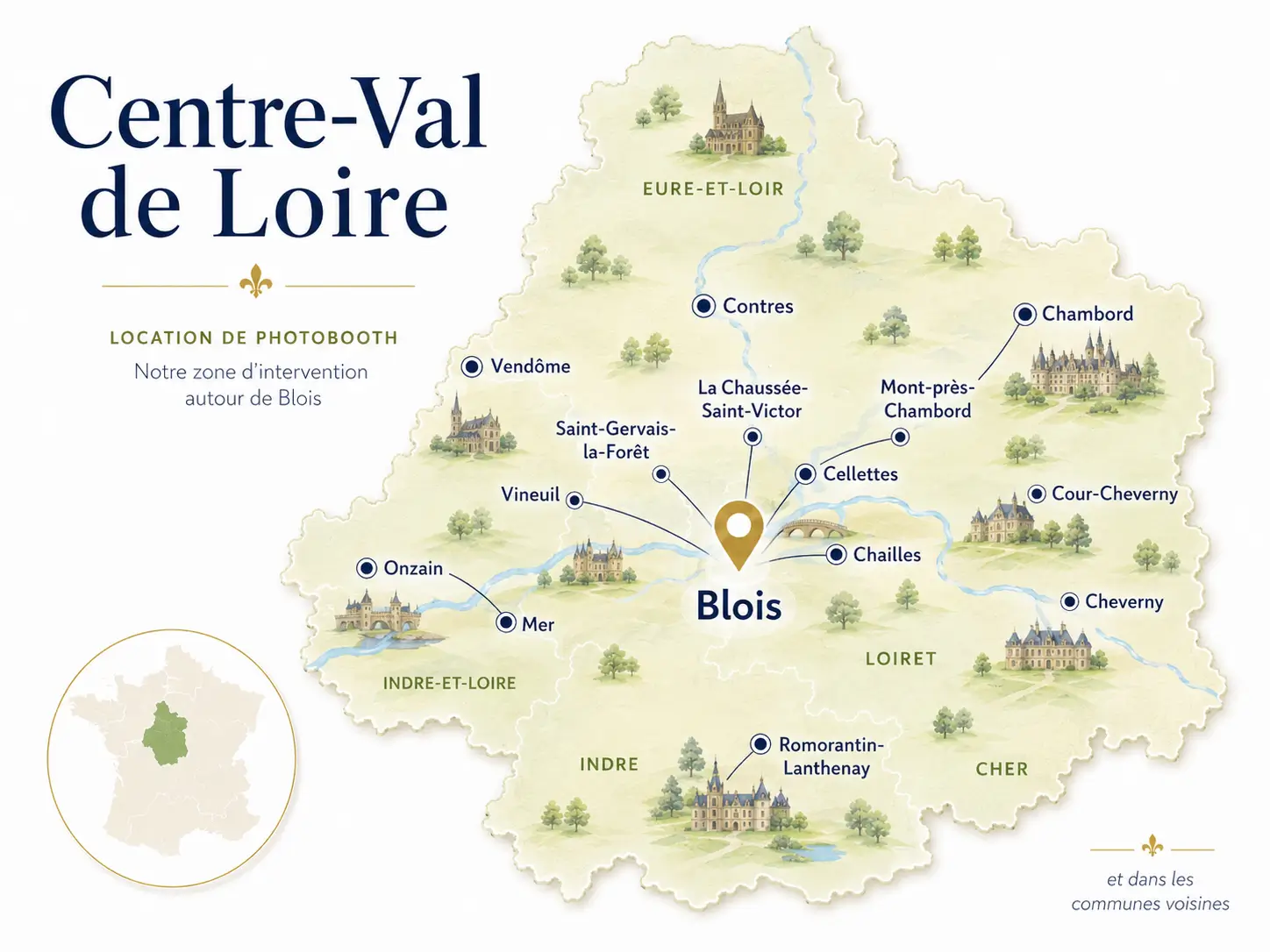 Carte illustrée du Centre-Val de Loire montrant la zone de location de photobooth à Blois, Vineuil, Saint-Gervais-la-Forêt, La Chaussée-Saint-Victor, Cellettes, Chailles, Mont-près-Chambord, Chambord, Cour-Cheverny, Cheverny, Onzain, Mer, Contres, Vendôme et Romorantin-Lanthenay